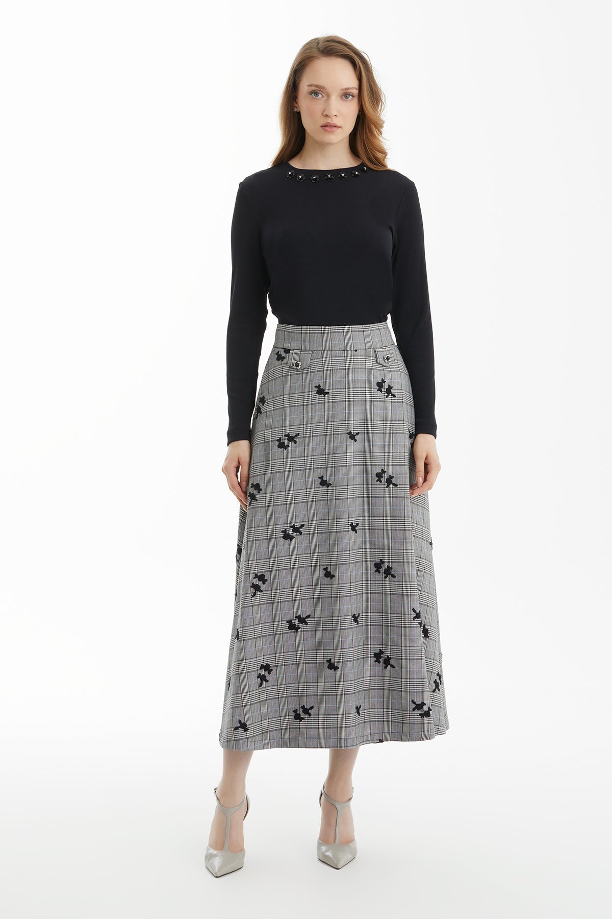 Black Check Skirt with Floral Embroidery