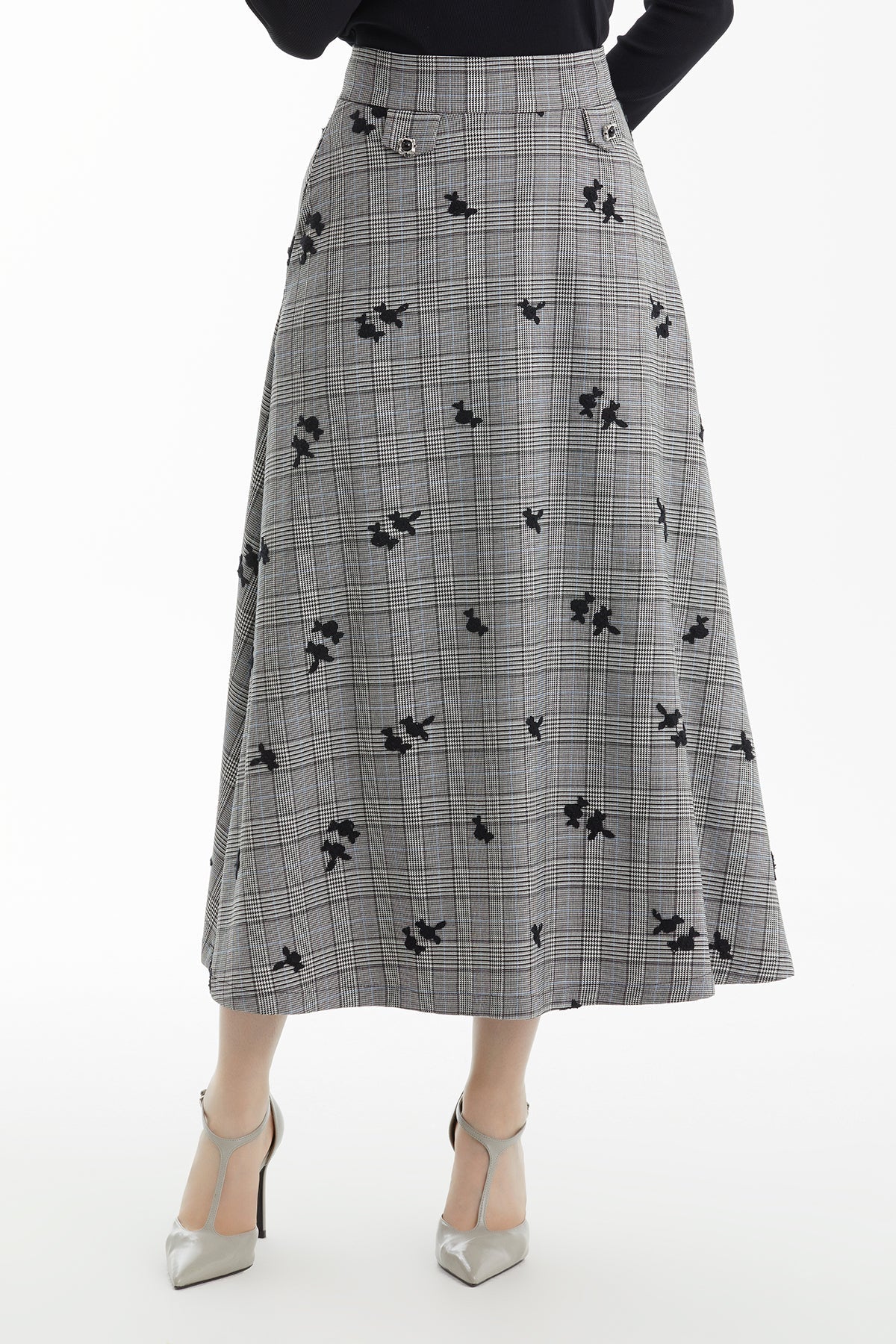 Black Check Skirt with Floral Embroidery