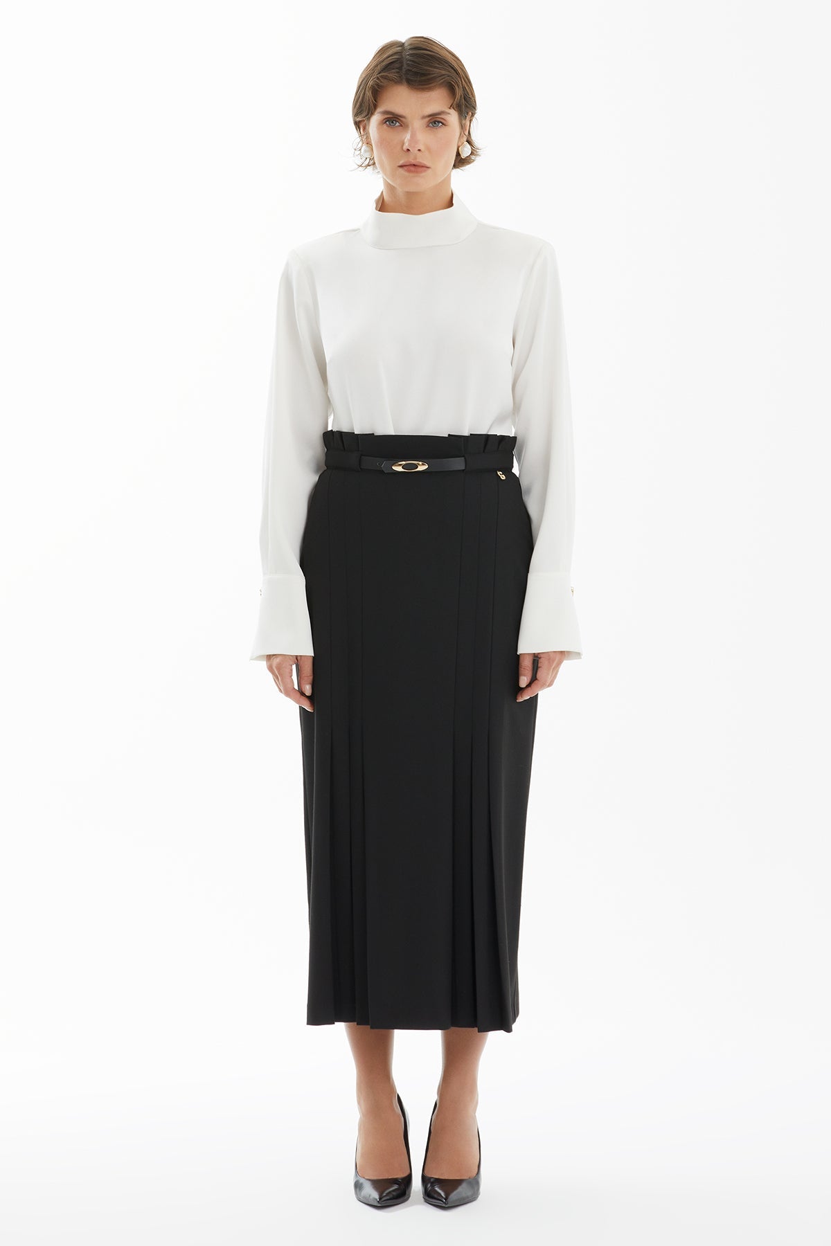 Black Pleated Pencil Skirt with Belt