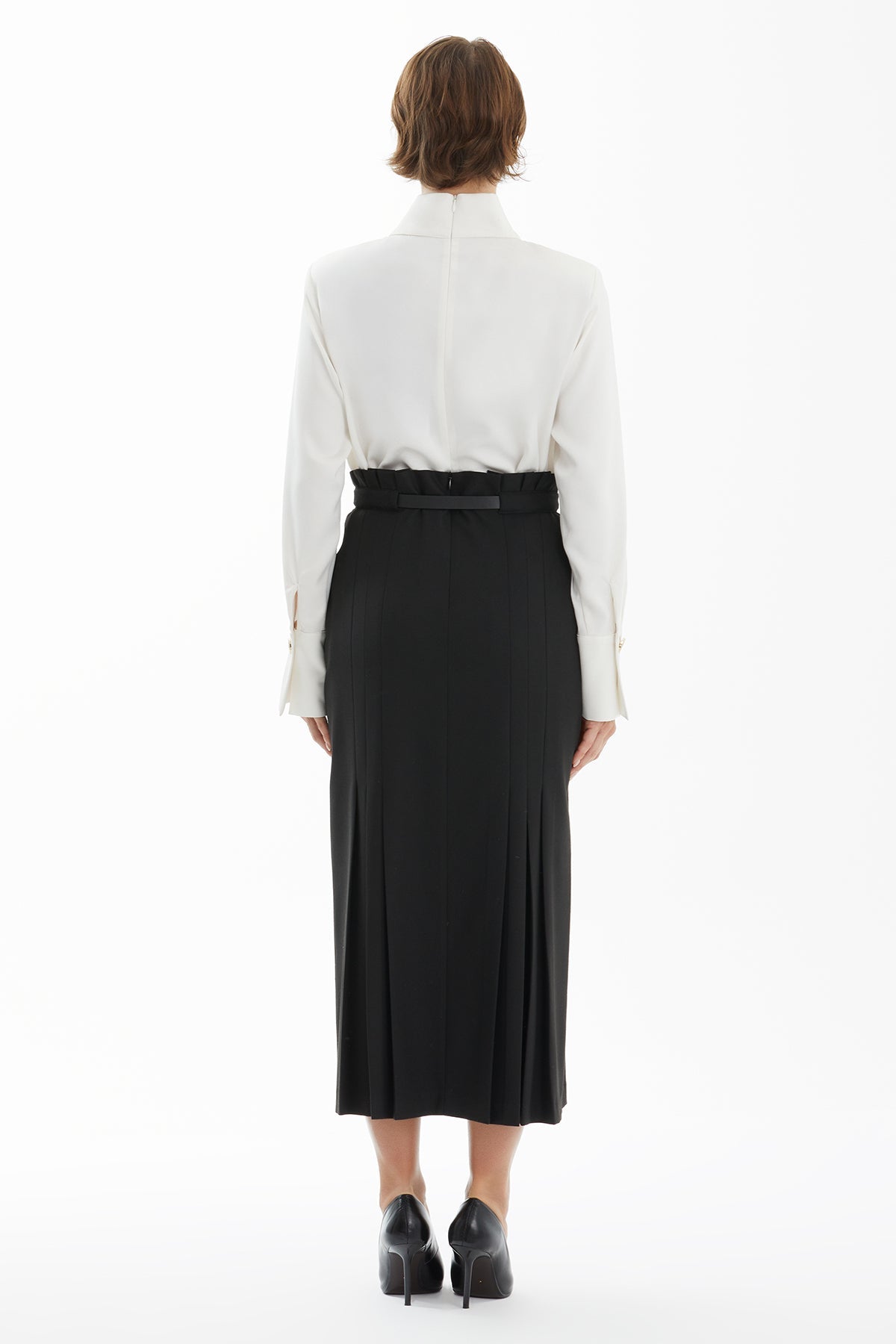 Black Pleated Pencil Skirt with Belt
