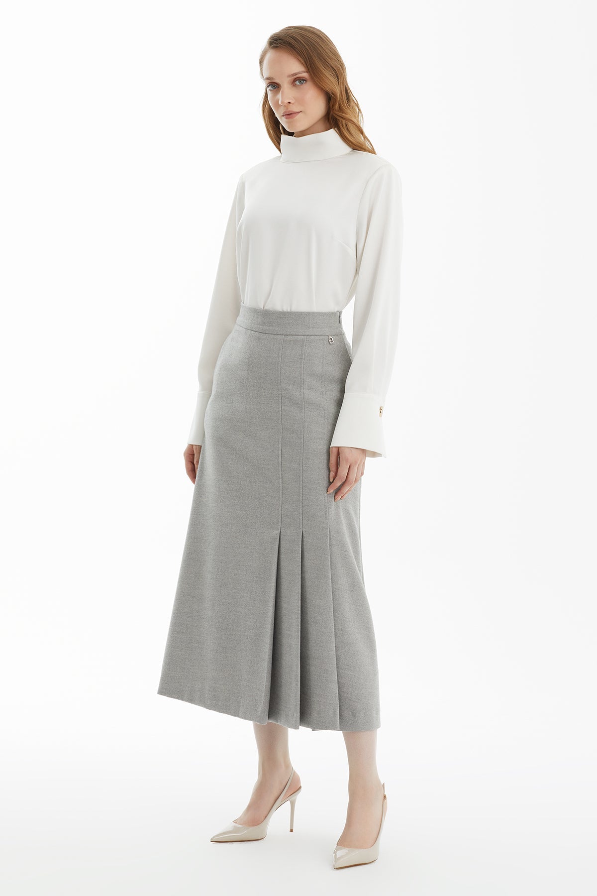 Grey Midi Skirt with Pleat Detail