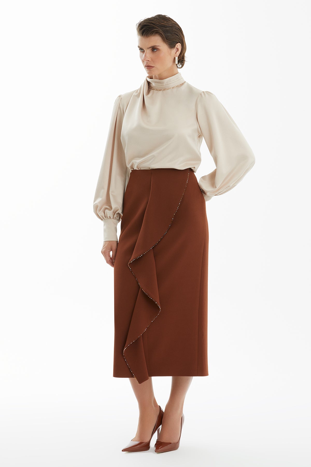 Brown Pencil Skirt with Crystal Embroidery and Front Flounce