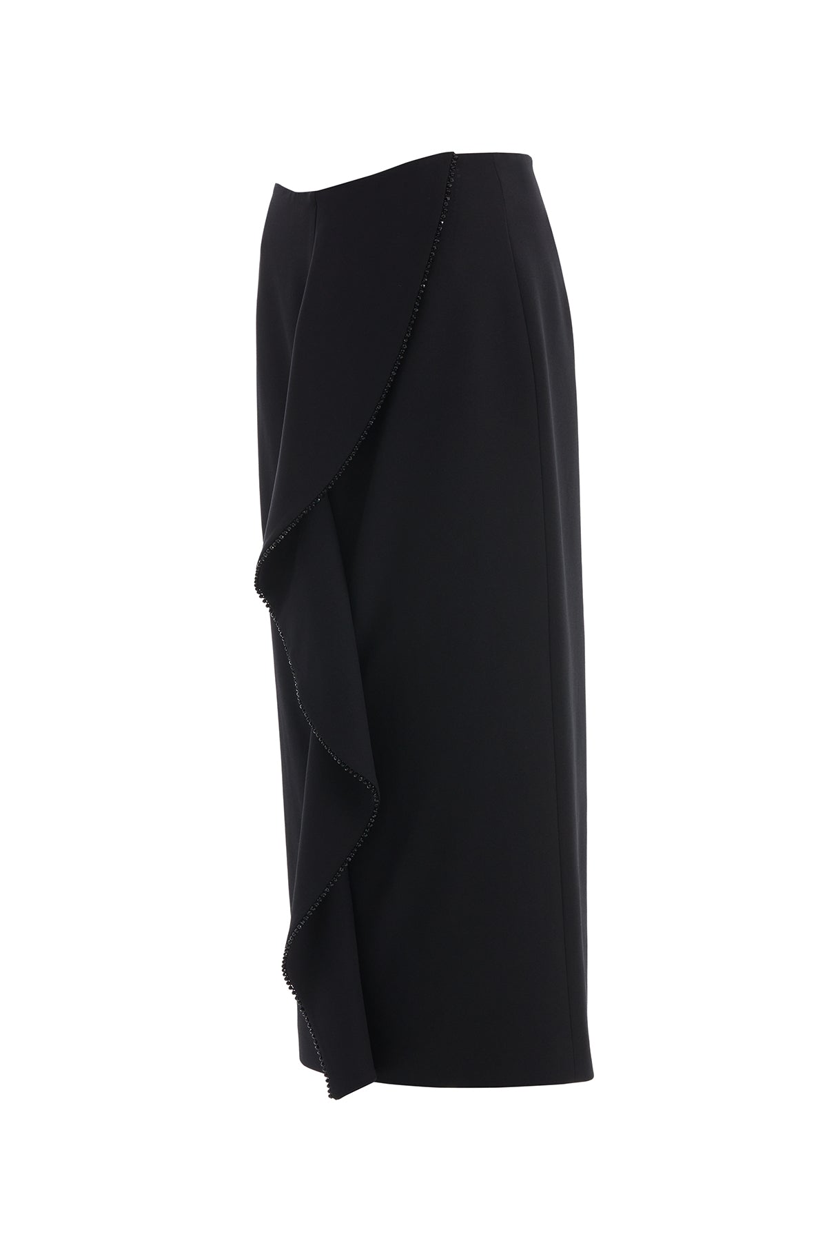 Black Pencil Skirt with Crystal Embroidery and Front Flounce