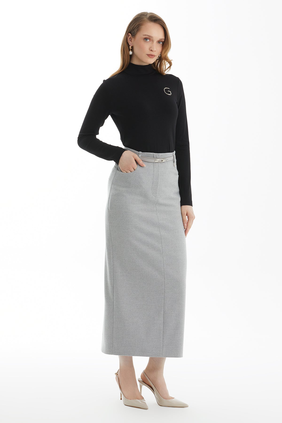Grey Belted Straight Skirt