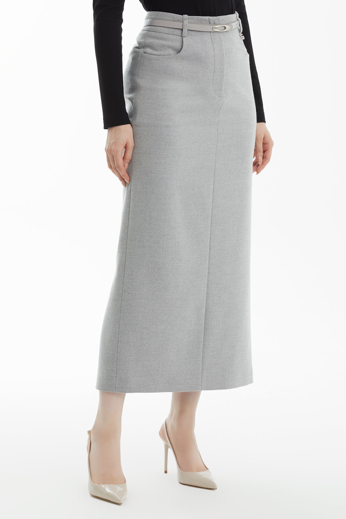 Grey Belted Straight Skirt