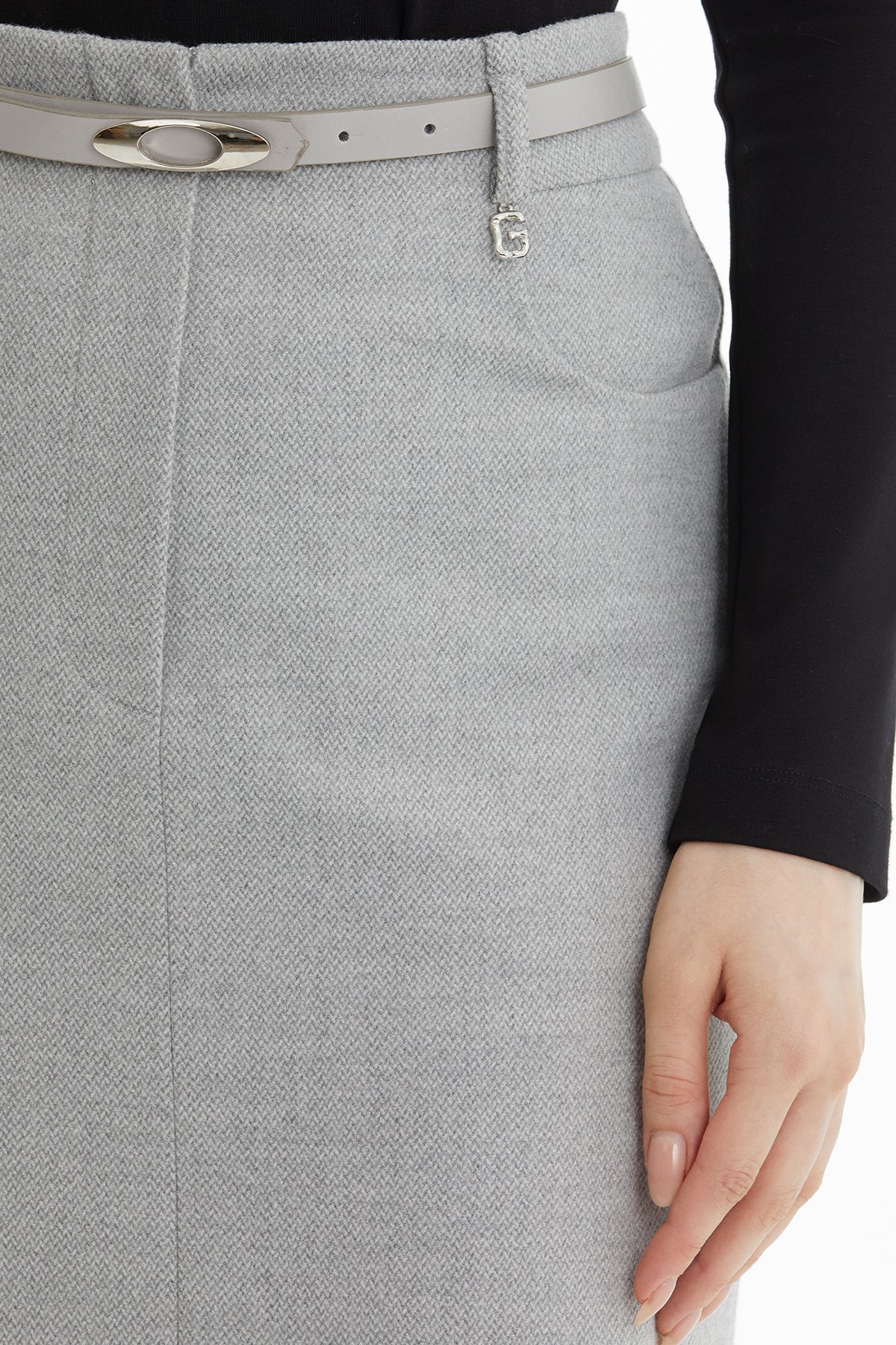 Grey Belted Straight Skirt