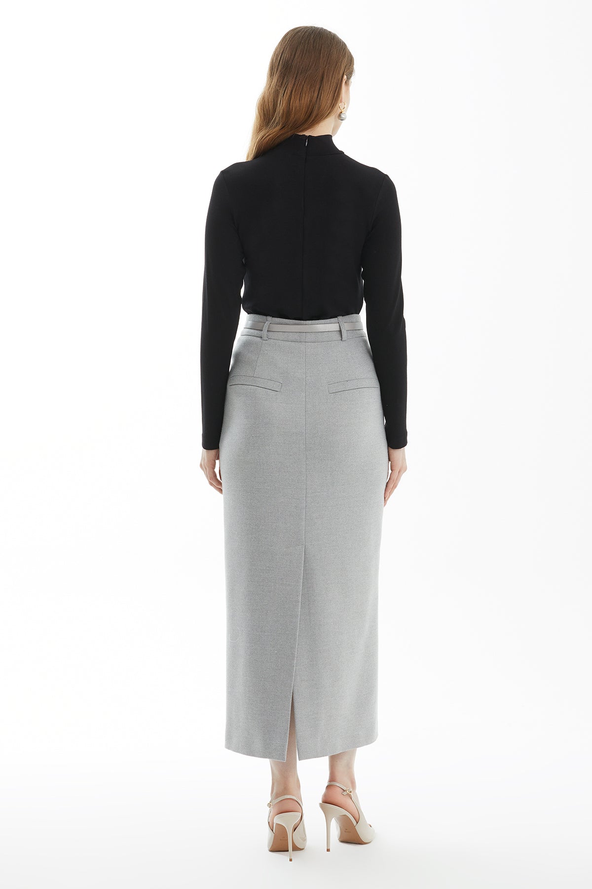 Grey Belted Straight Skirt