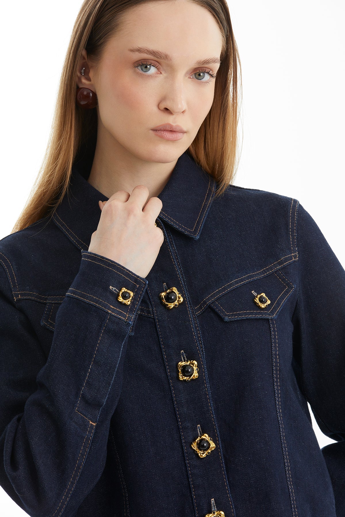 Dark Navy Button-Detail Denim Jacket
