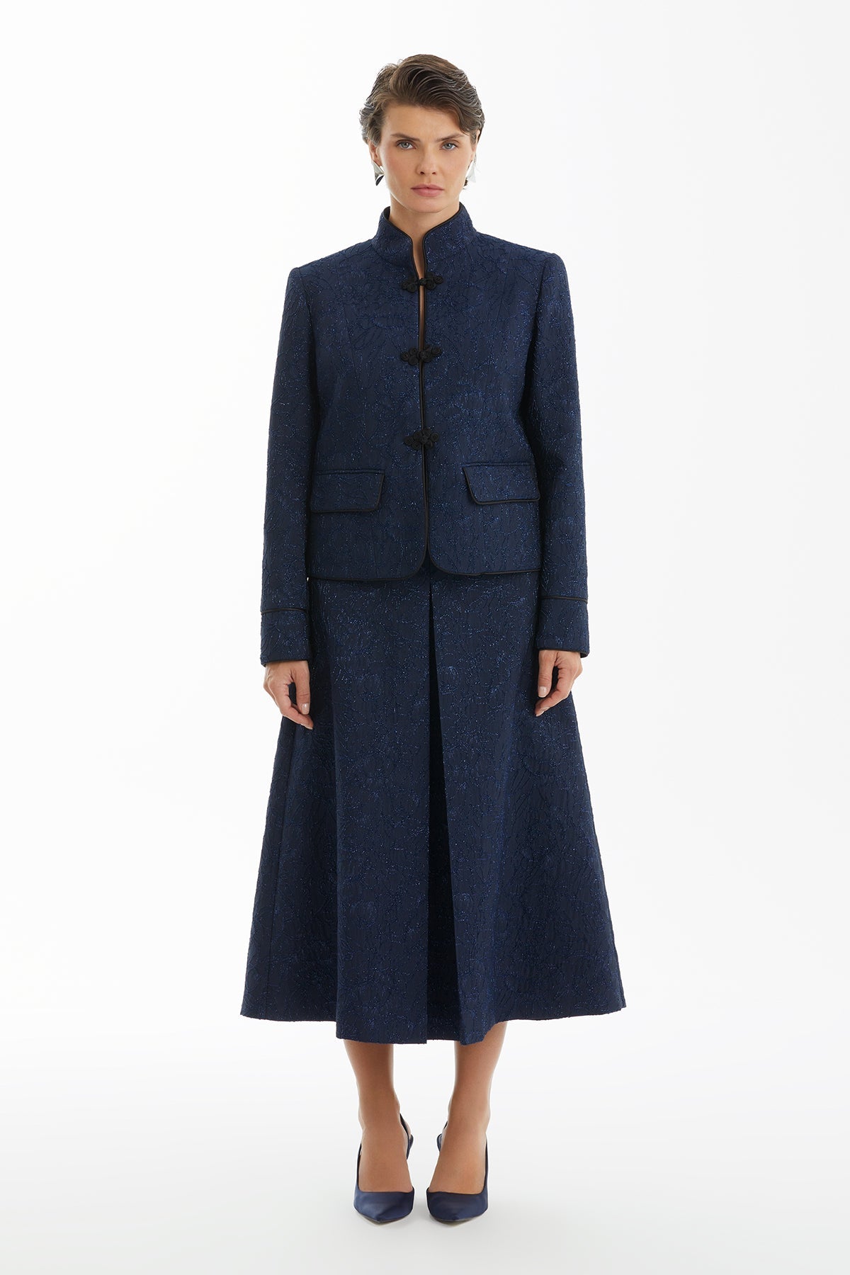 Dark Navy Jacquard Stand-Collar Jacket