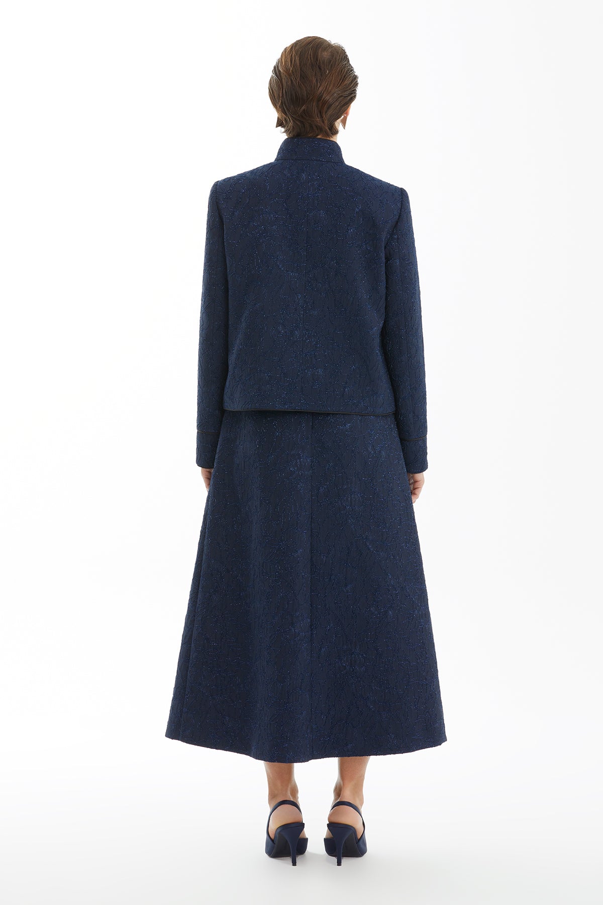 Dark Navy Jacquard Stand-Collar Jacket