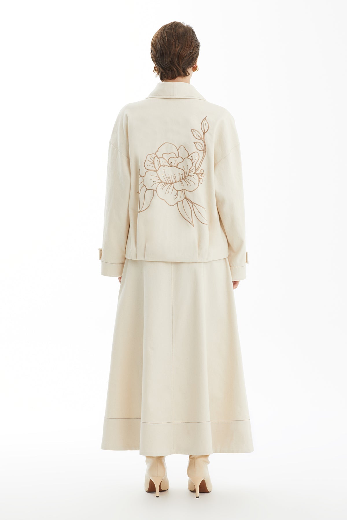 Ecru Floral-Embroidered Shawl-Collar Denim Jacket