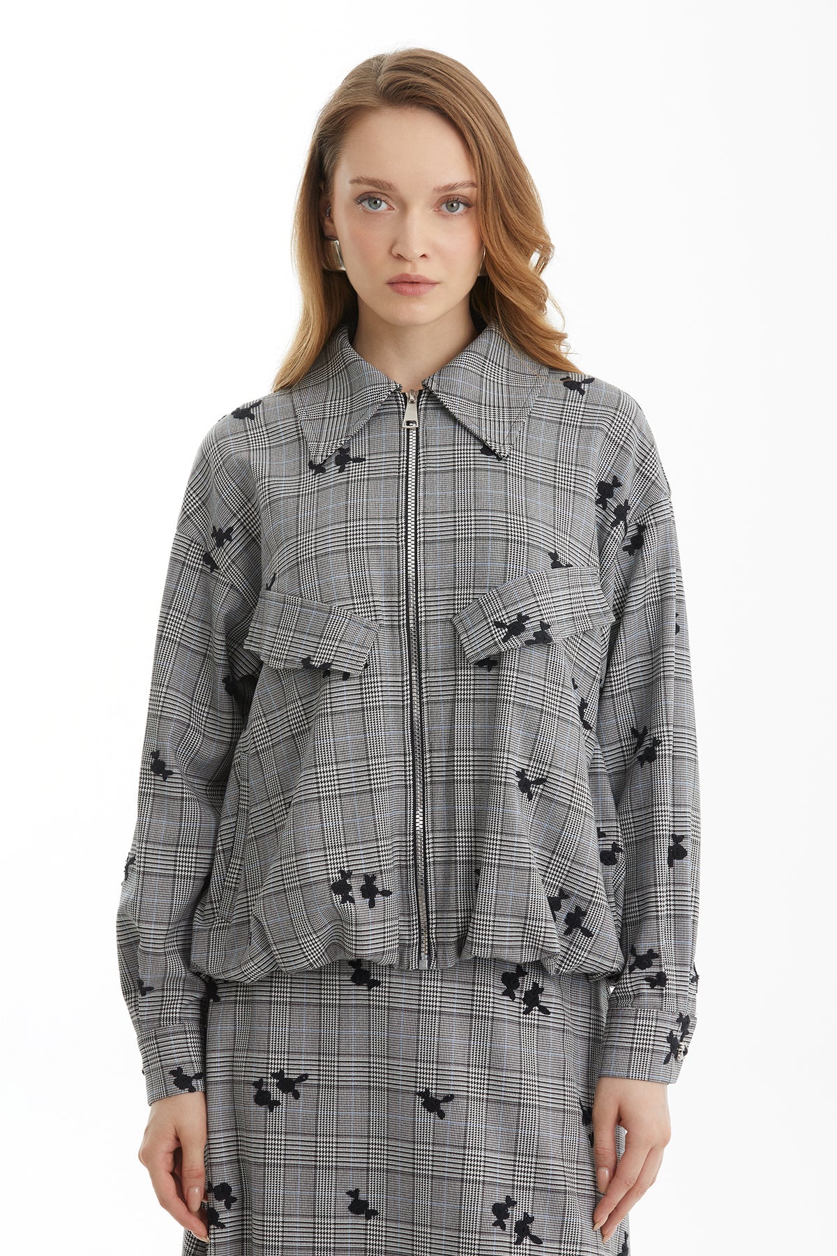 Black Floral-Embroidered Plaid Bomber