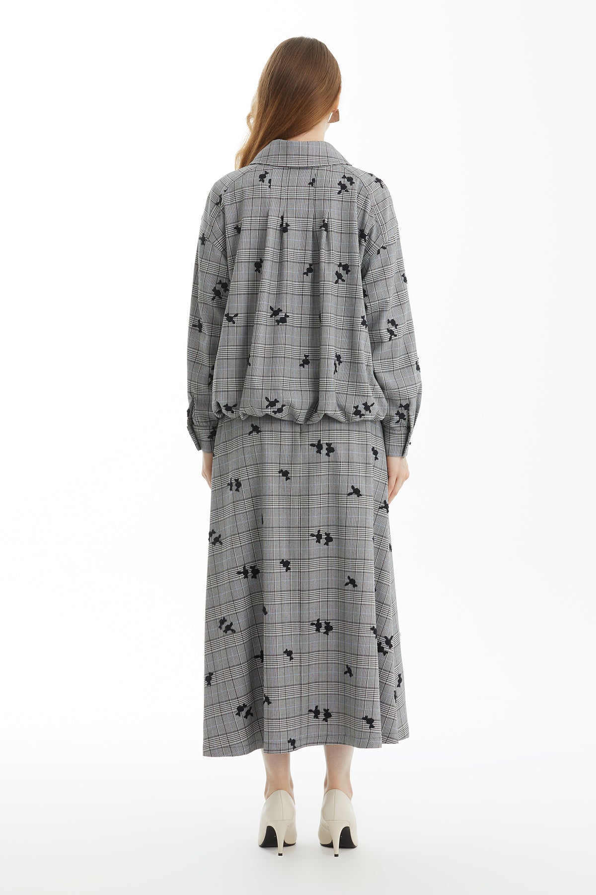 Black Floral-Embroidered Plaid Bomber