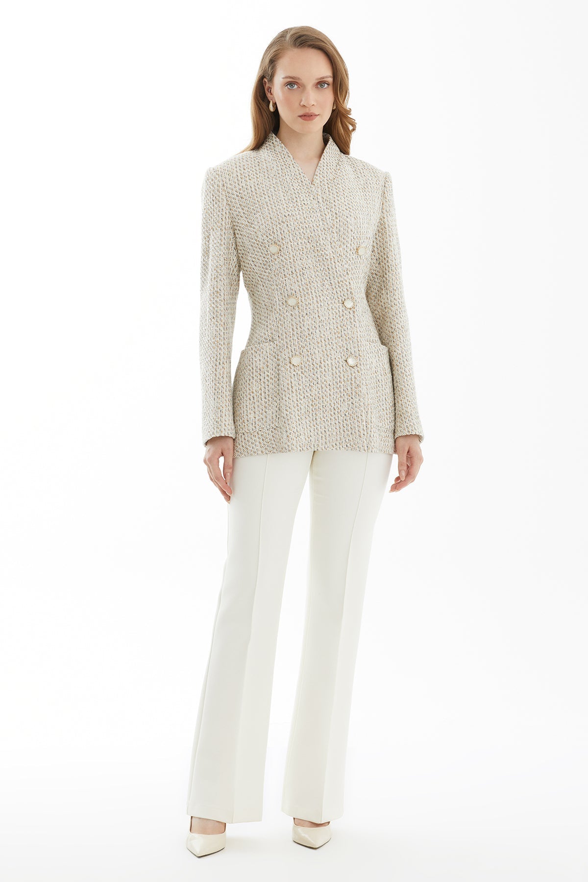 Ecru Textured Double-Breasted Jacket