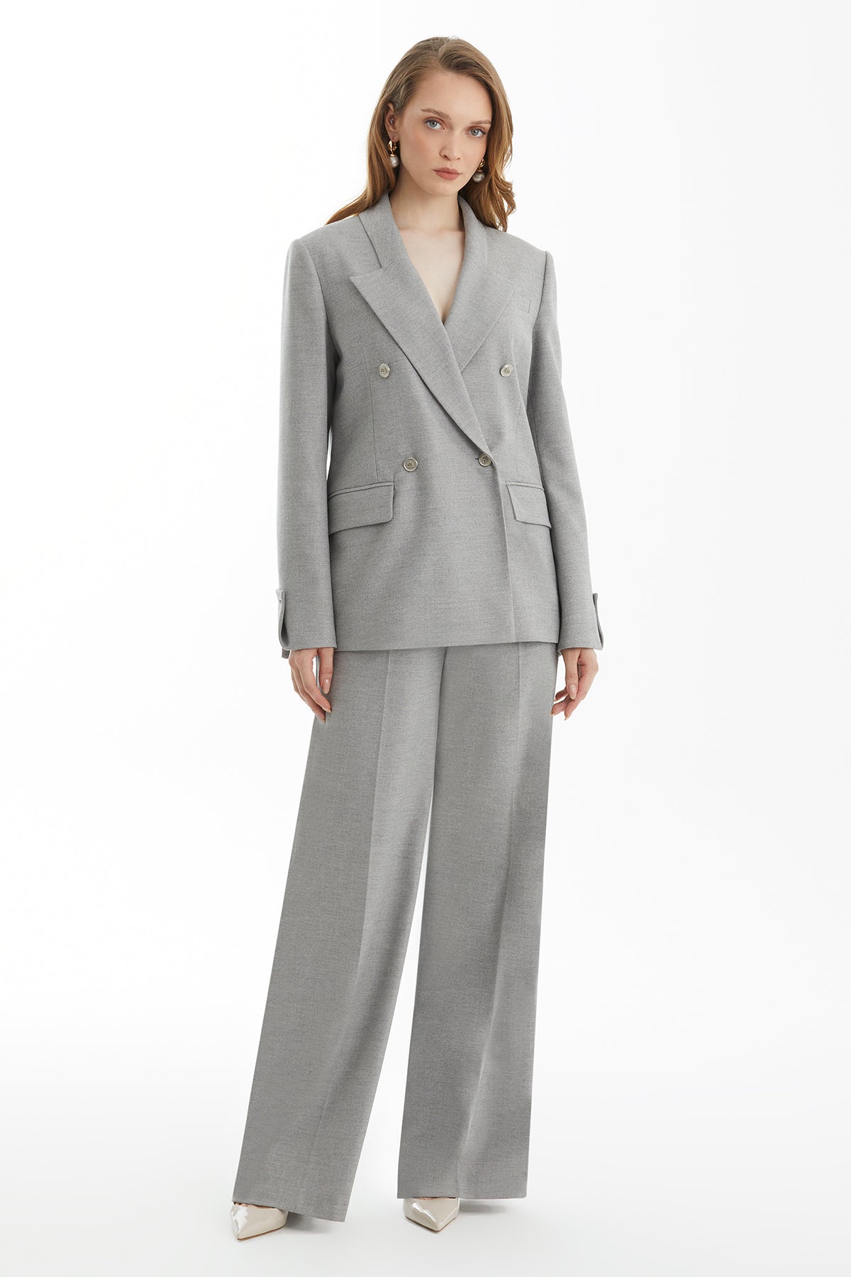 Grey Embroidered-Sleeve Double-Breasted Jacket