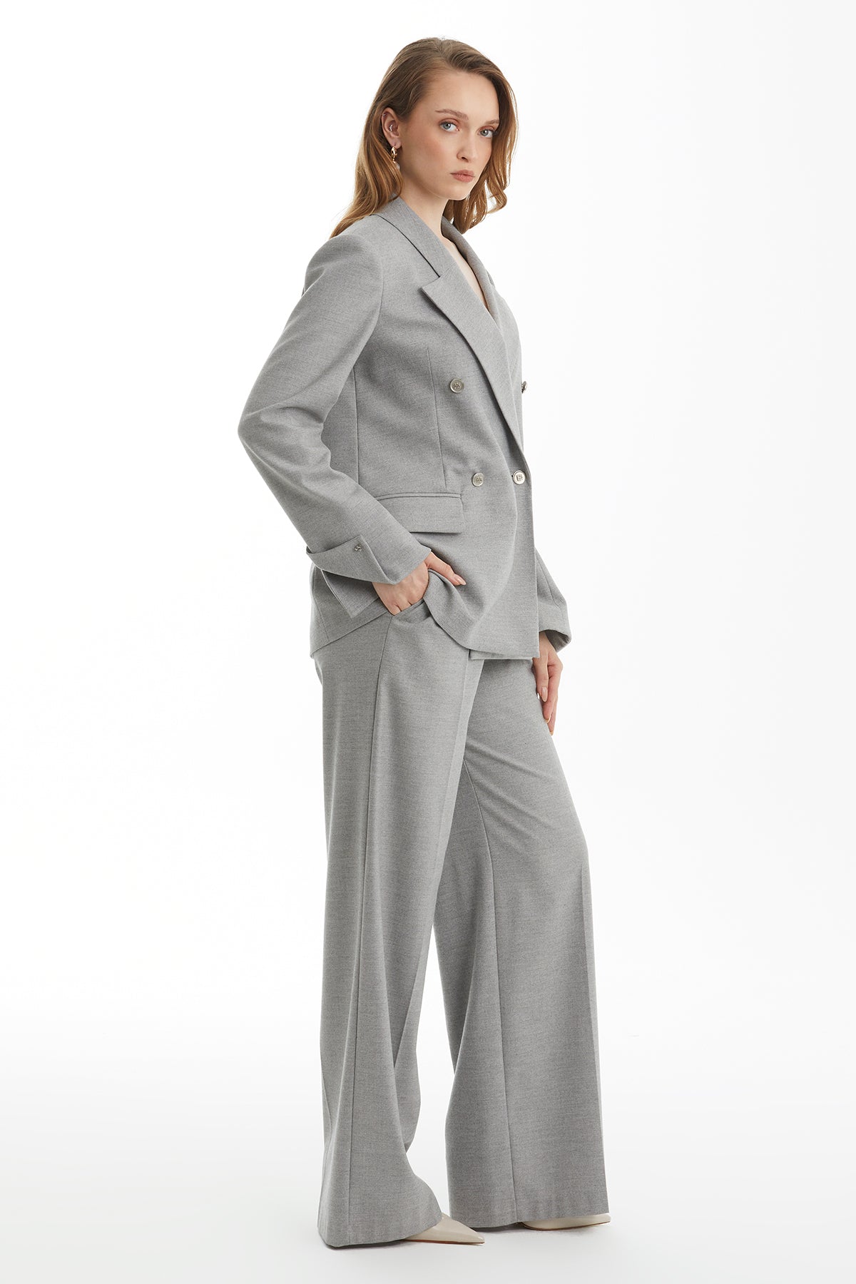 Grey Embroidered-Sleeve Double-Breasted Jacket