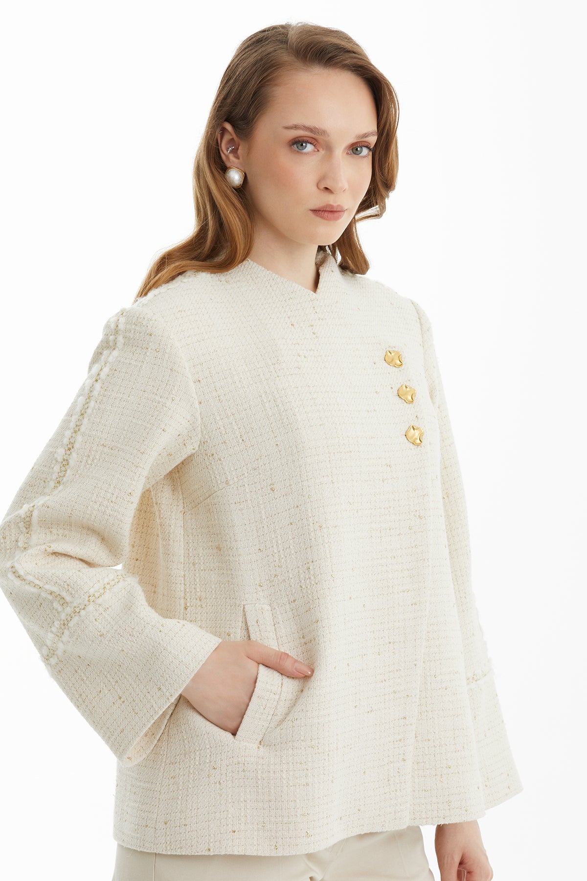 Ecru Front Button-Detail Jacket