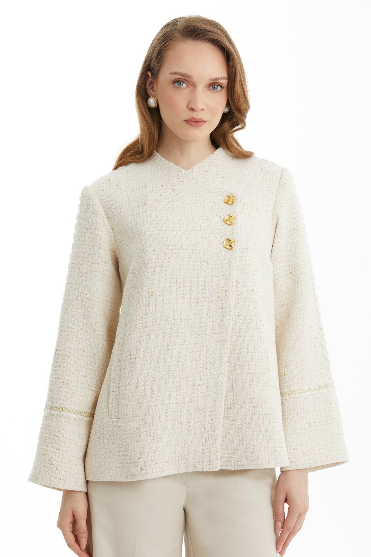 Ecru Front Button-Detail Jacket