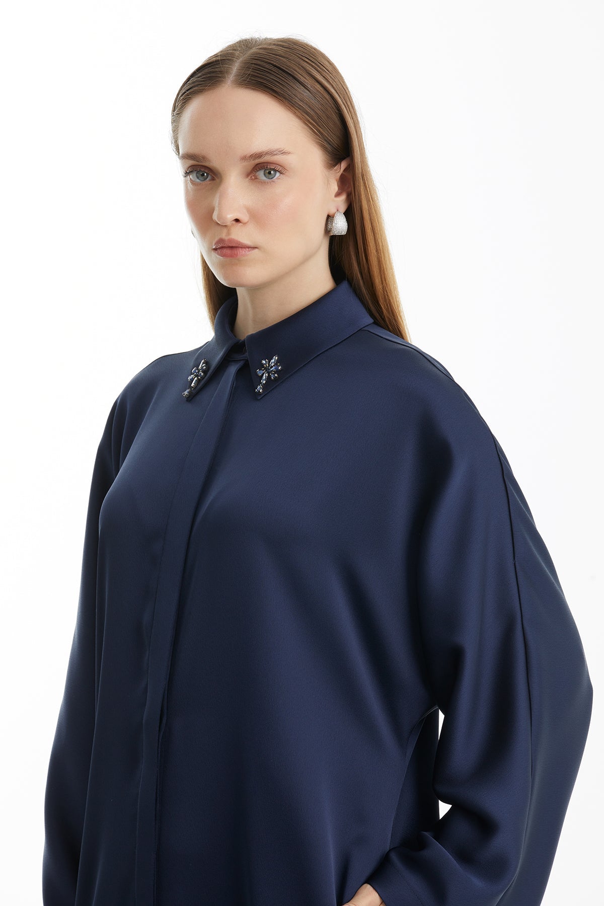 Navy Shirt-Collar Maxi Dress