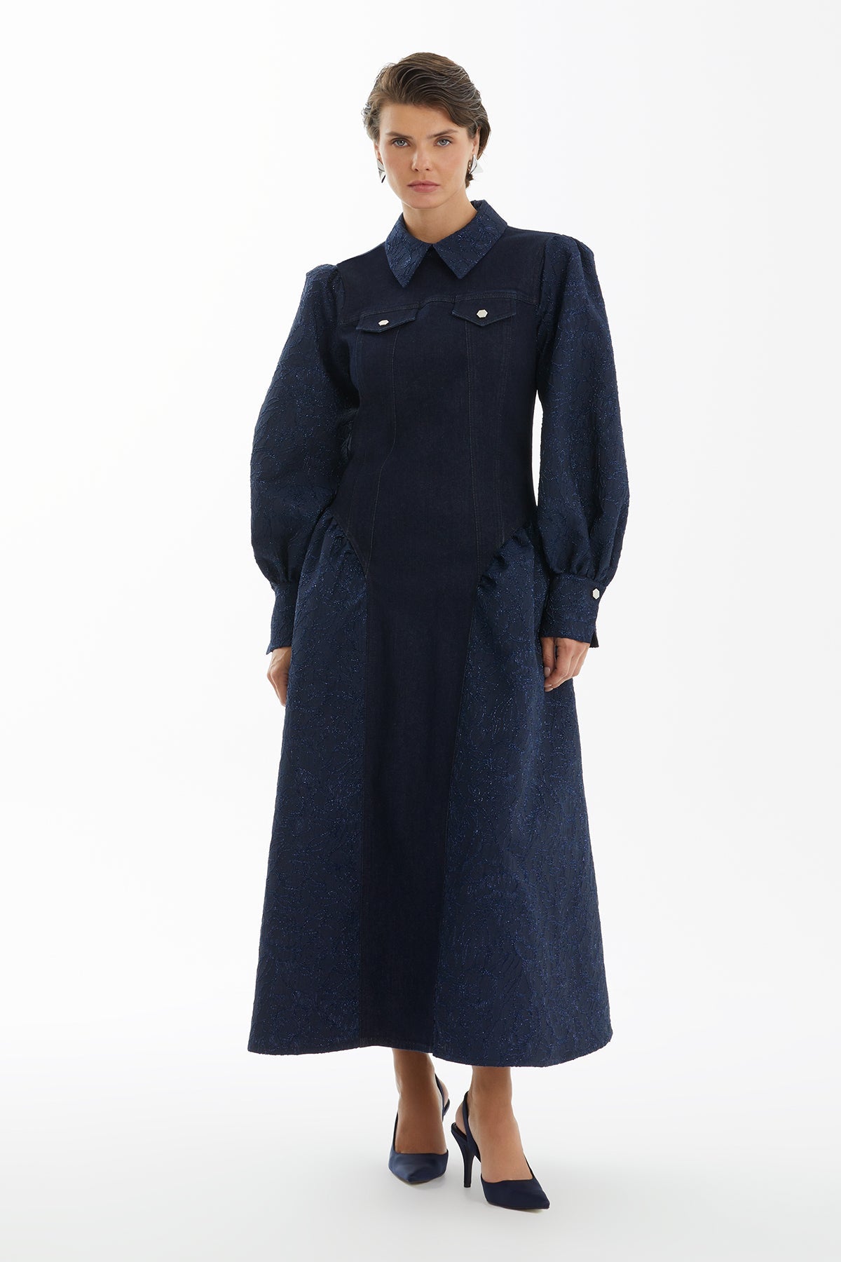 Dark Navy Jacquard Denim-Contrast Belted Dress