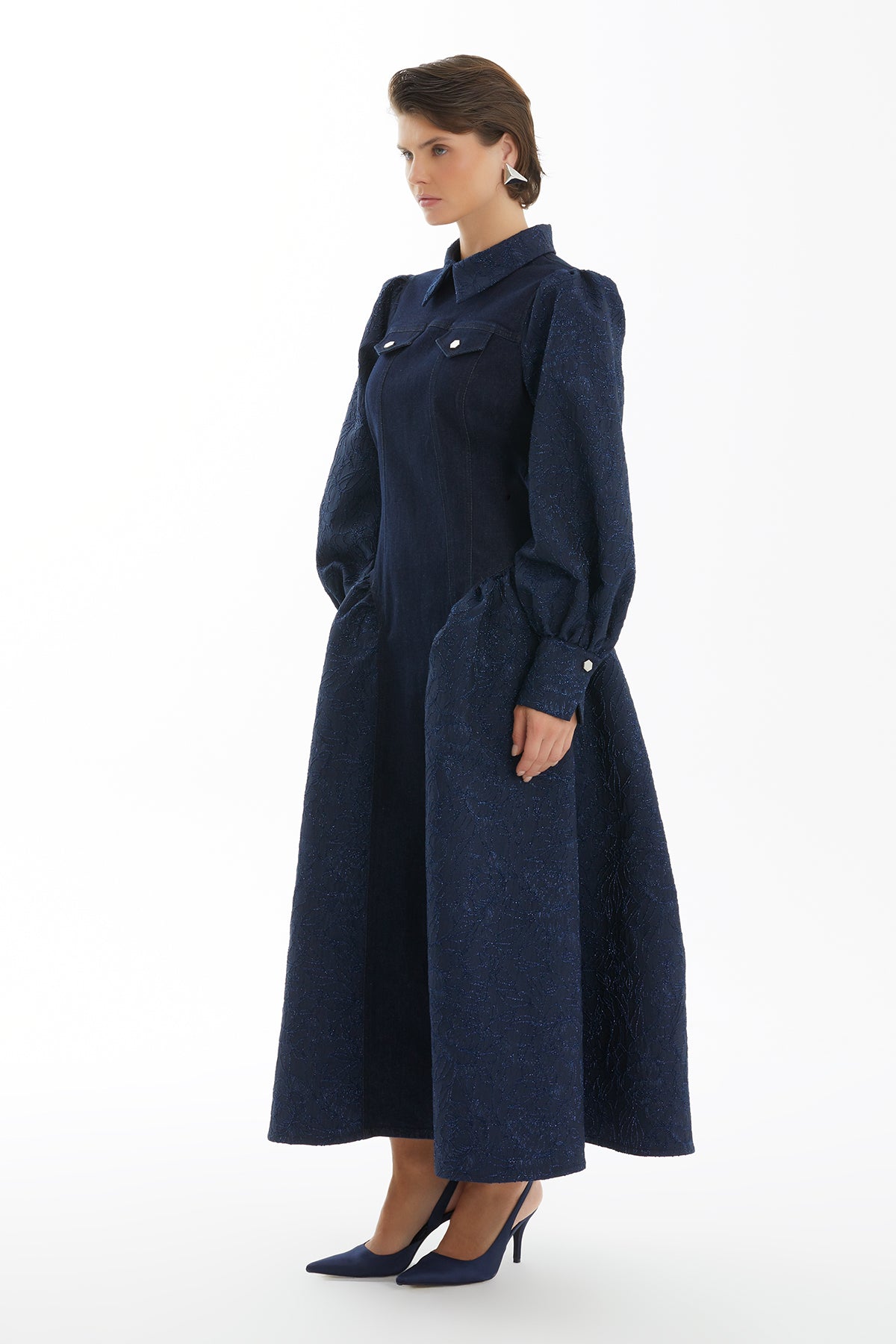 Dark Navy Jacquard Denim-Contrast Belted Dress