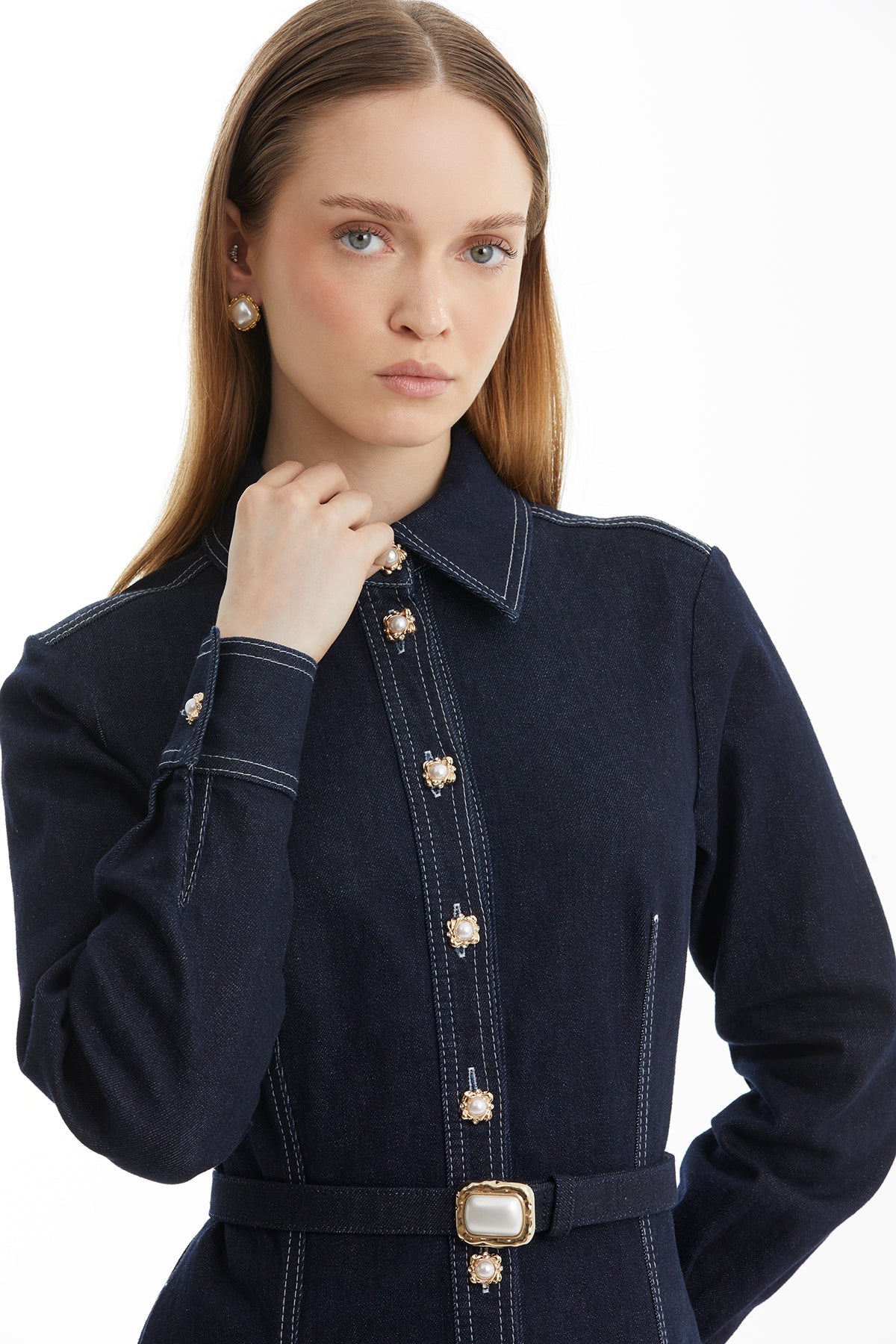 Dark Navy Contrast-Stitch Belted Denim Dress