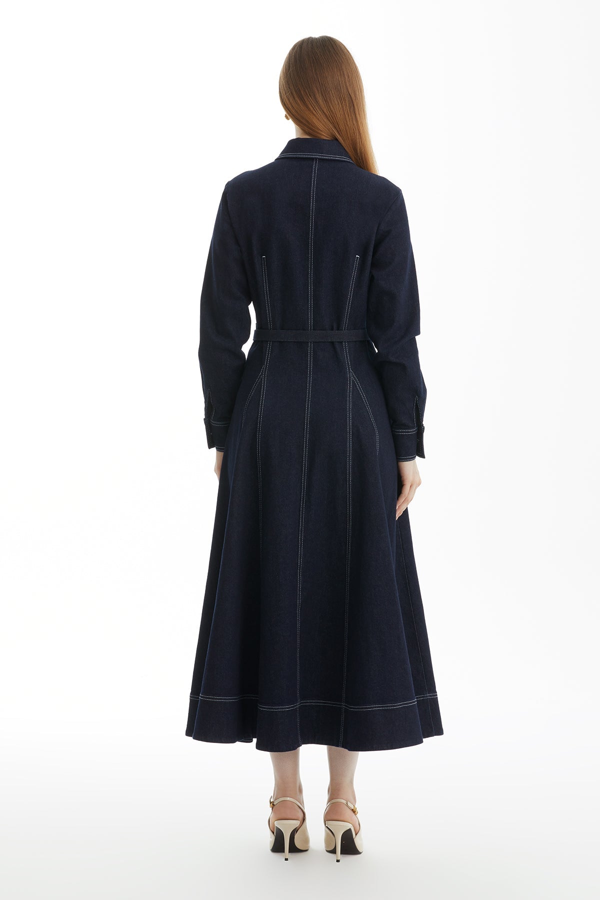 Dark Navy Contrast-Stitch Belted Denim Dress