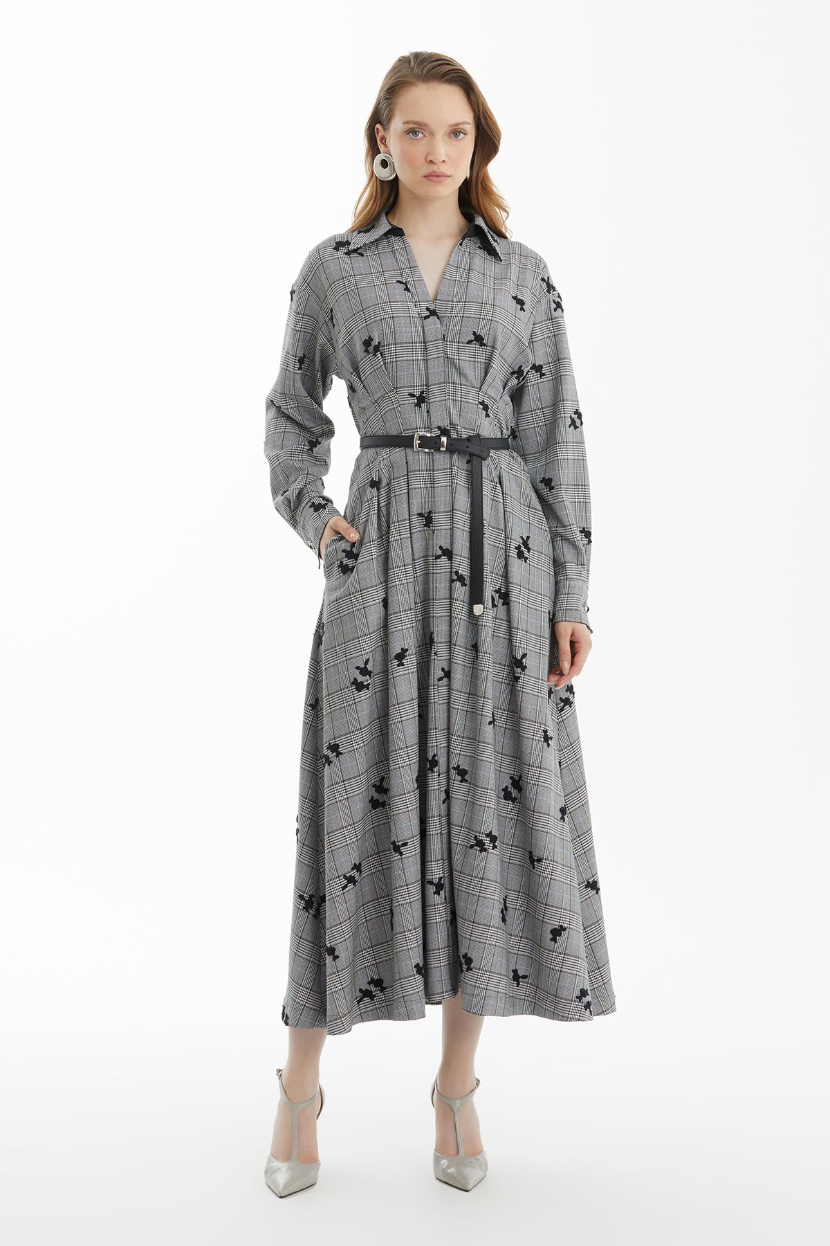 Black Floral-Embroidered Plaid Dress