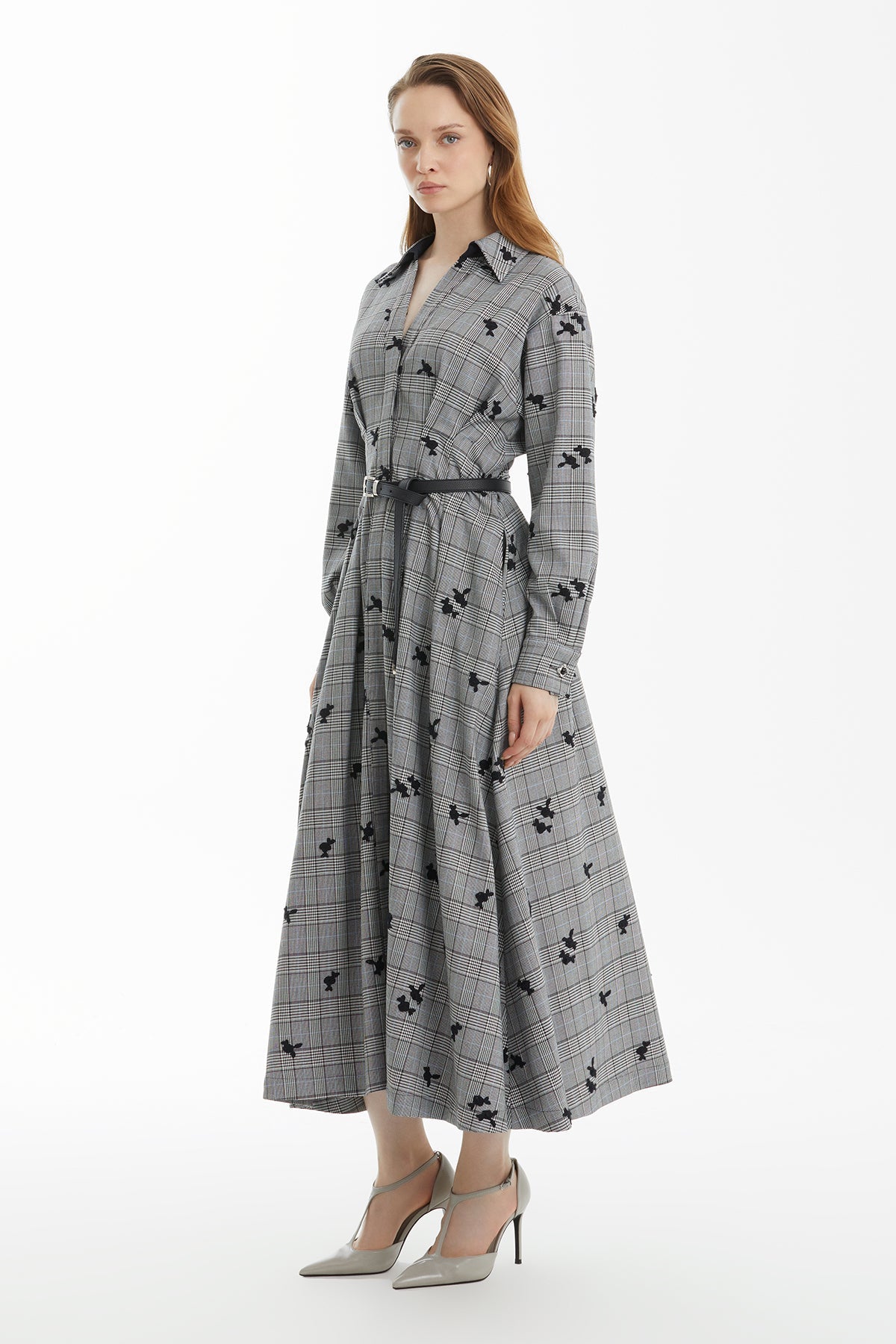 Black Floral-Embroidered Plaid Dress
