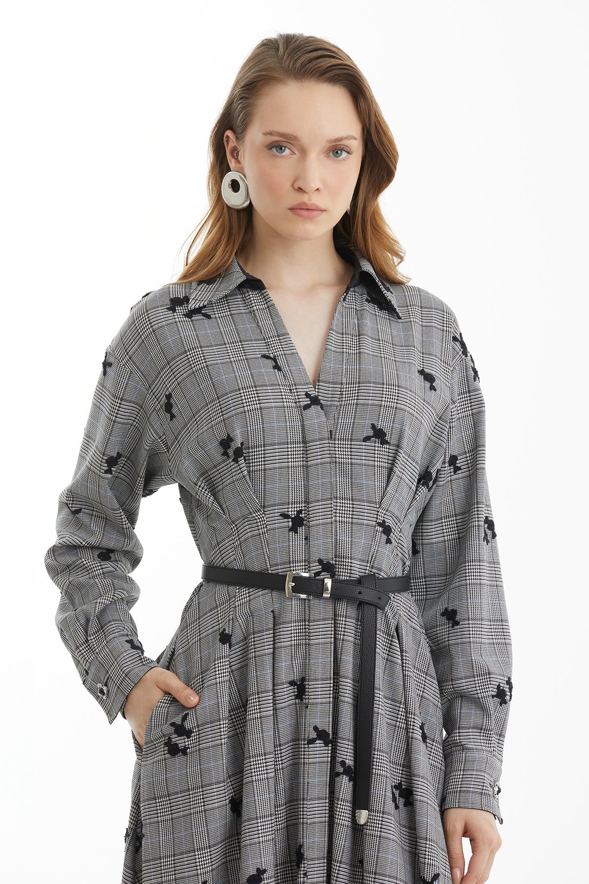 Black Floral-Embroidered Plaid Dress