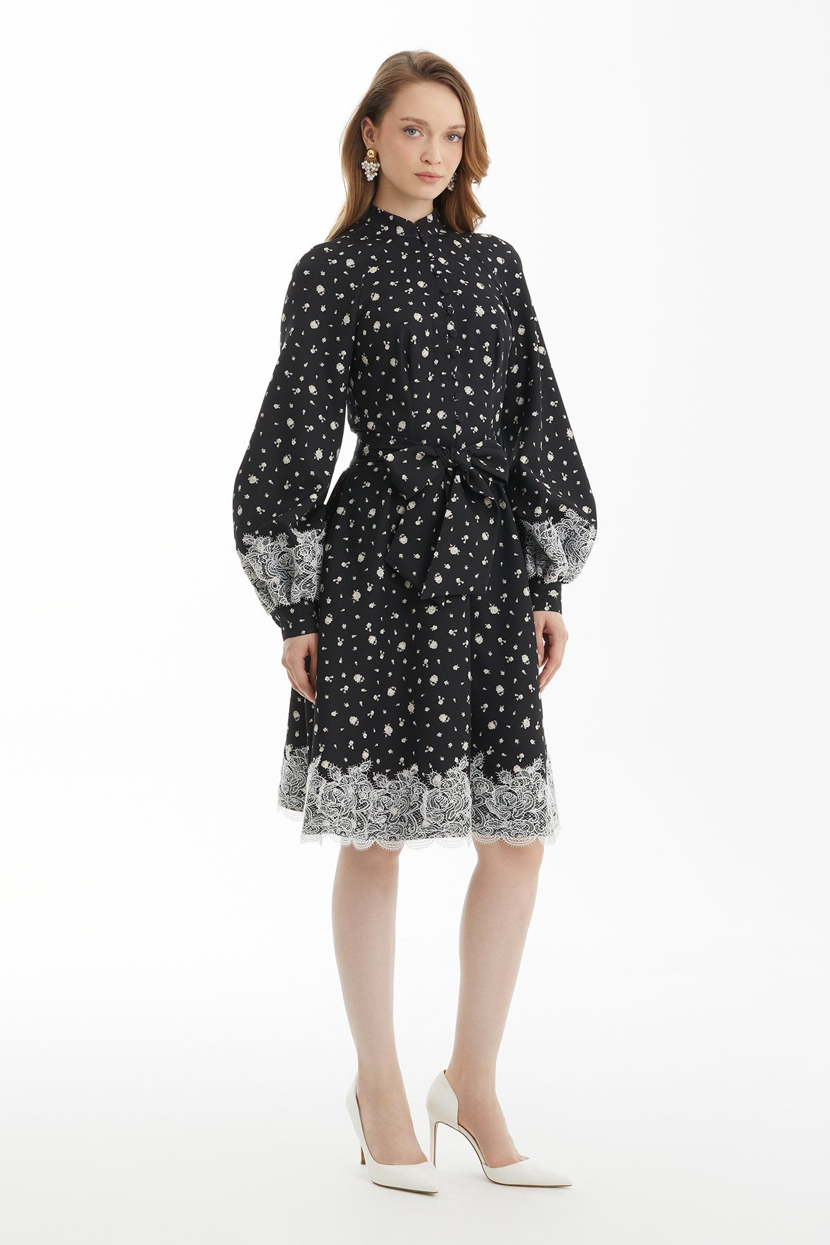 Black Lace-Trim Puff-Sleeve Dress