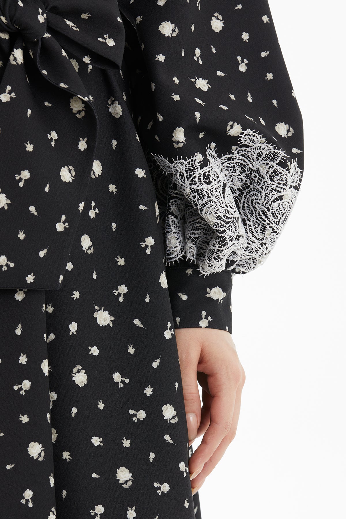 Black Lace-Trim Puff-Sleeve Dress