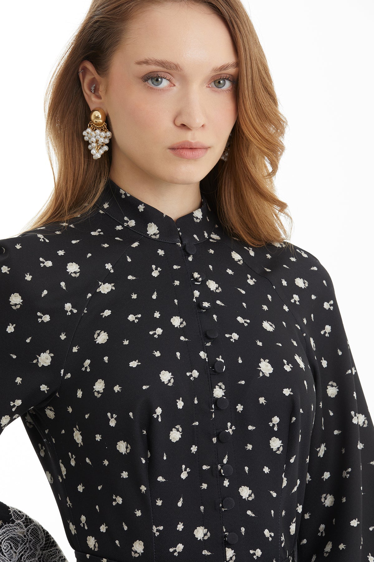 Black Lace-Trim Puff-Sleeve Dress