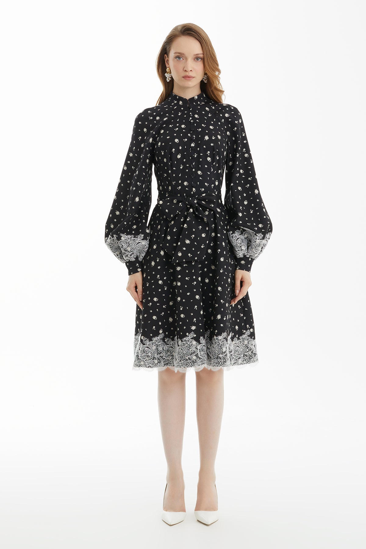 Black Lace-Trim Puff-Sleeve Dress