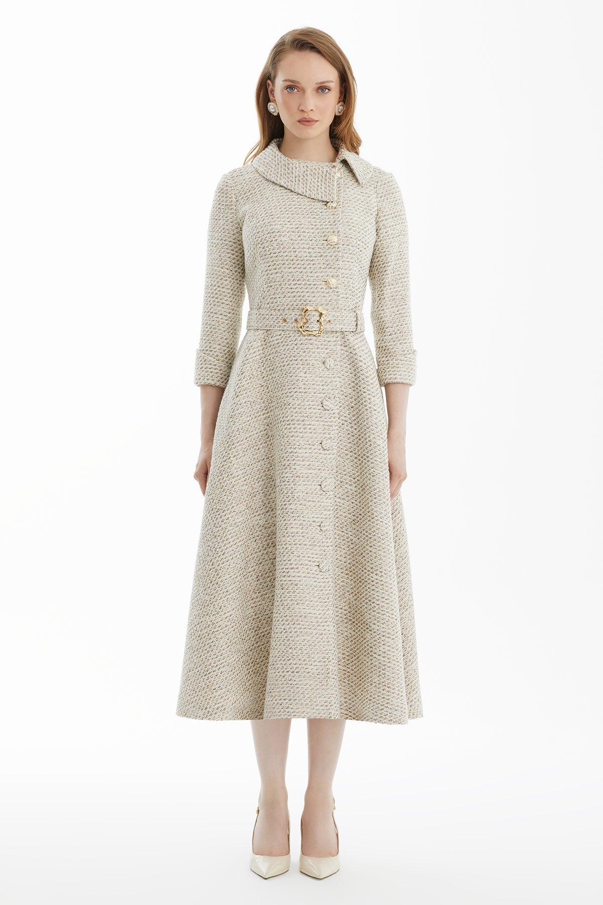 Ecru Belted Tweed Midi Dress