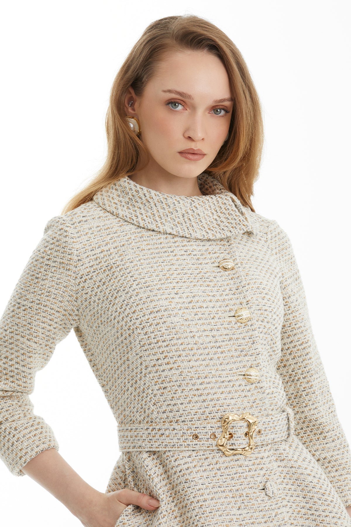Ecru Belted Tweed Midi Dress