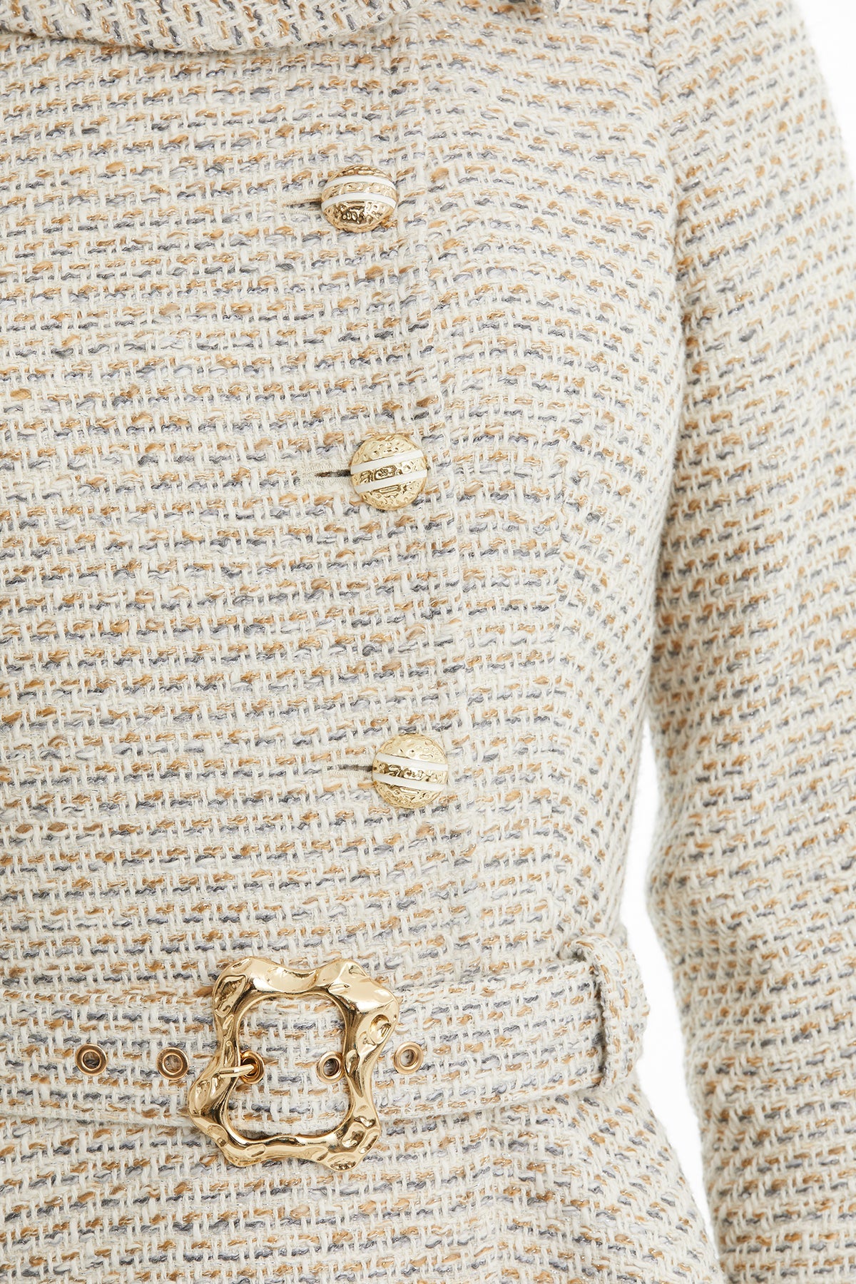 Ecru Belted Tweed Midi Dress