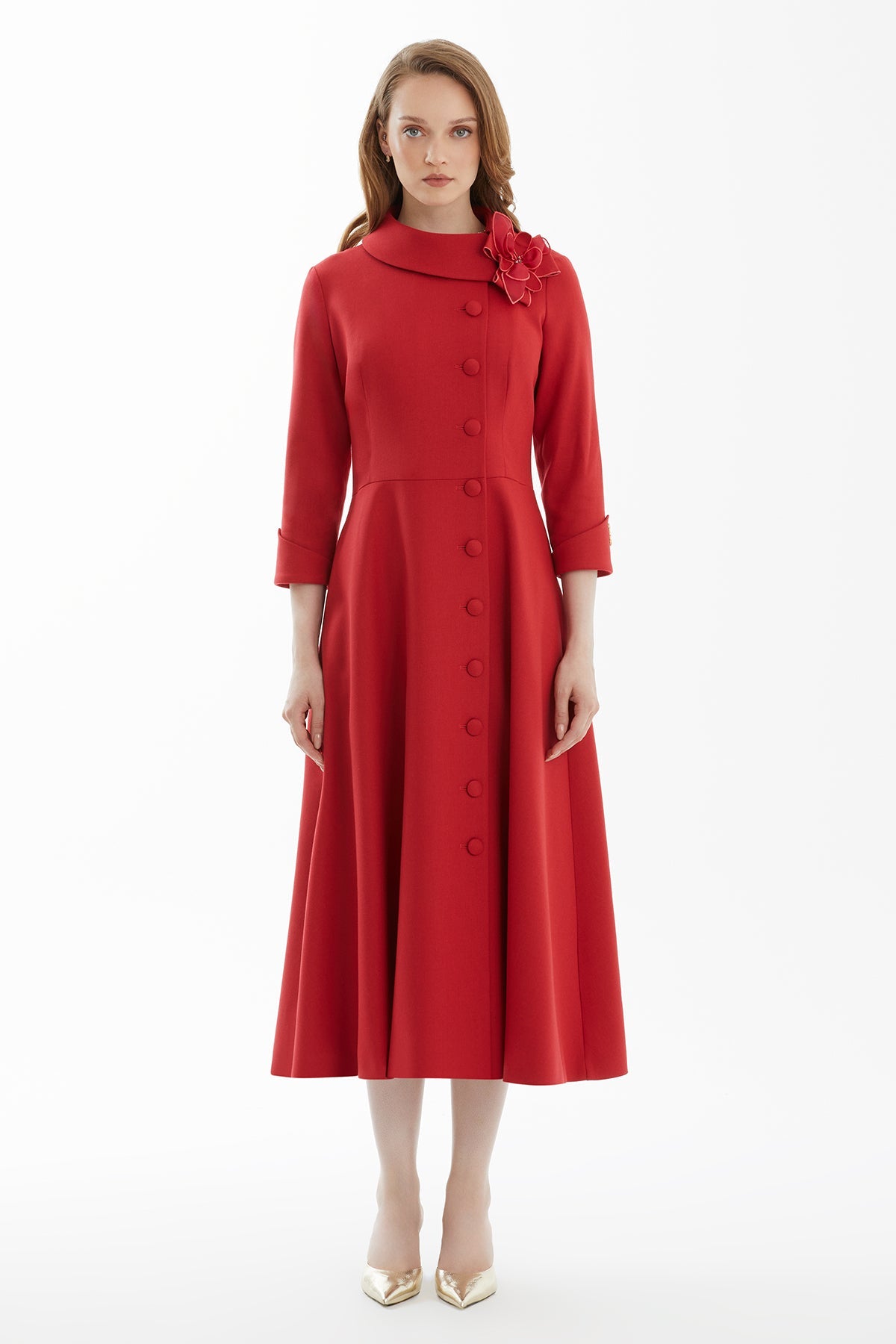 Red Brooch-Embellished Belted Midi Dress