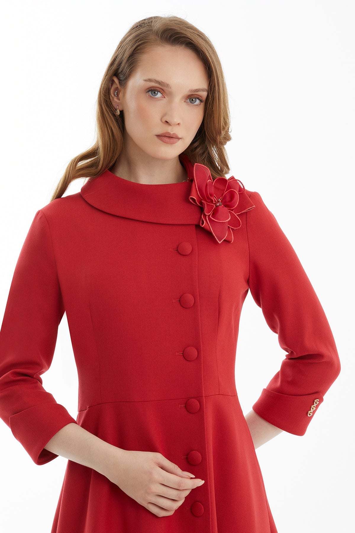 Red Brooch-Embellished Belted Midi Dress