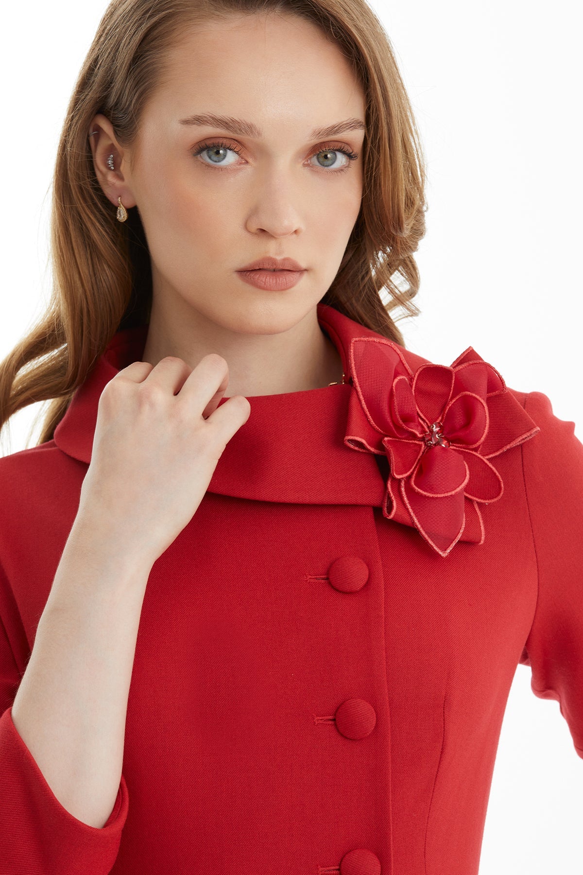 Red Brooch-Embellished Belted Midi Dress