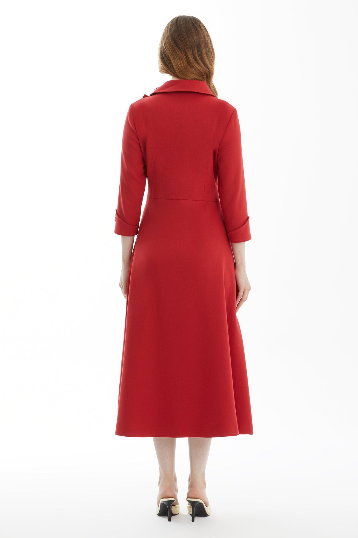 Red Brooch-Embellished Belted Midi Dress