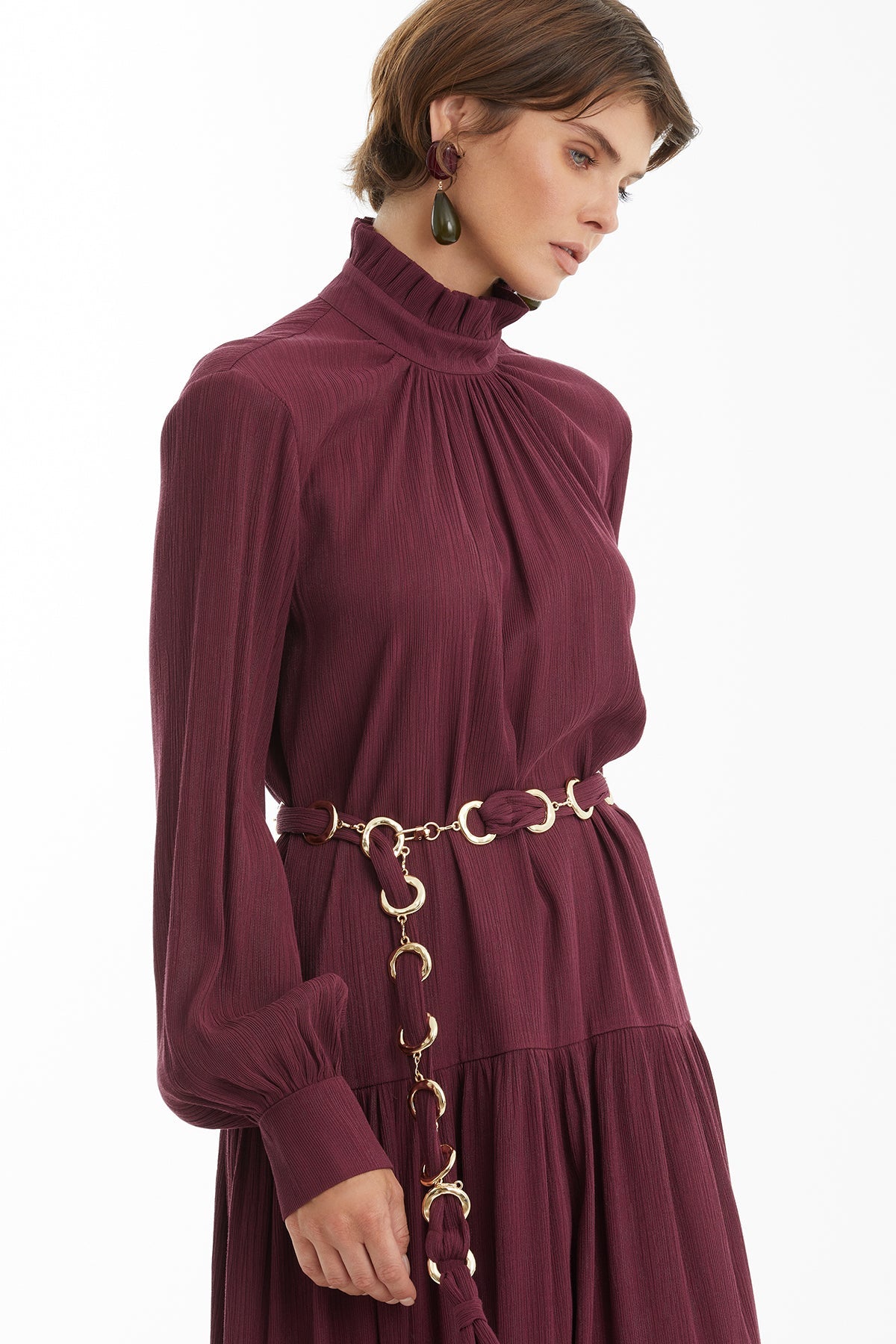 Red Ruched Stand-Collar Maxi Dress