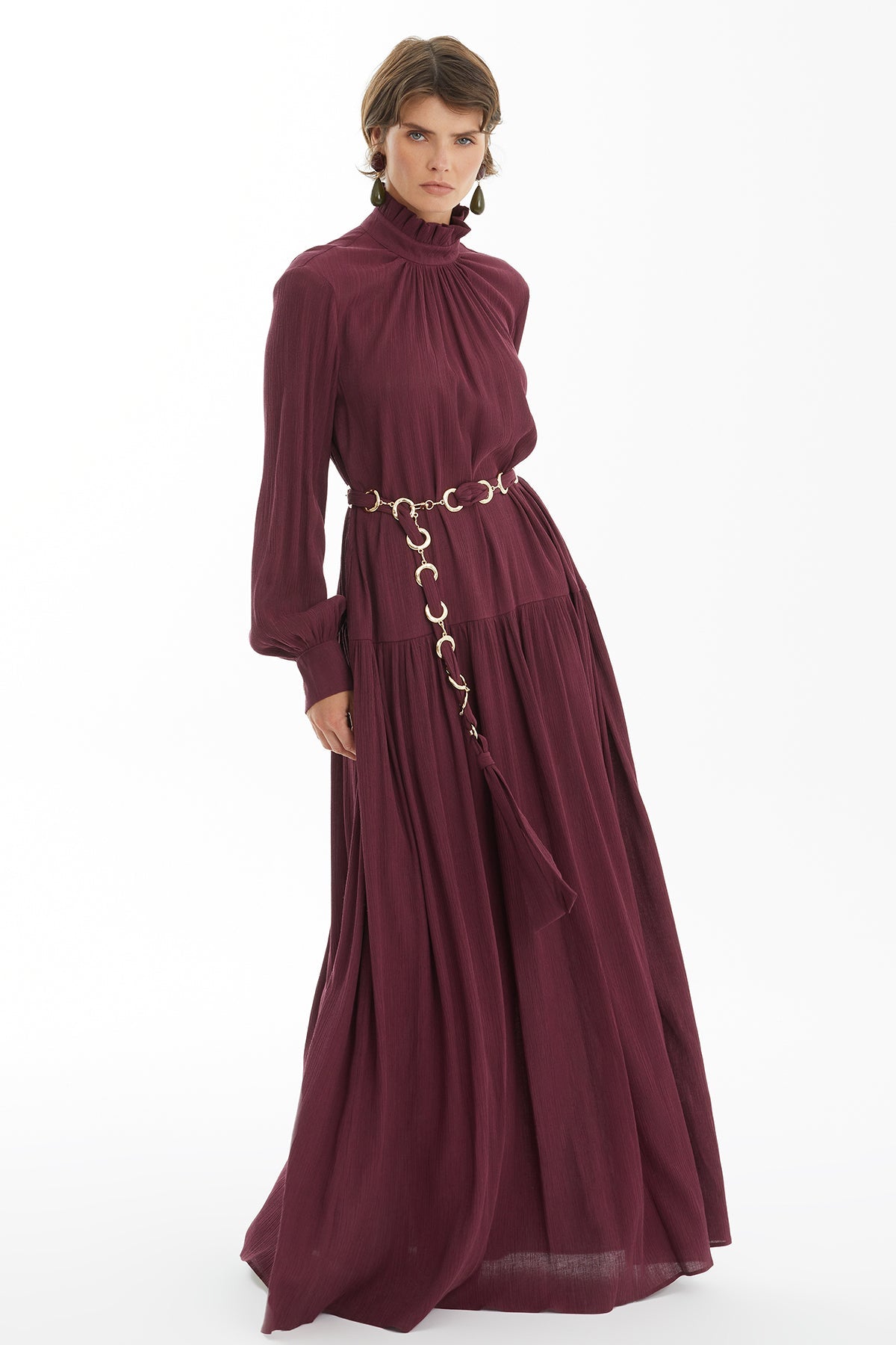 Red Ruched Stand-Collar Maxi Dress