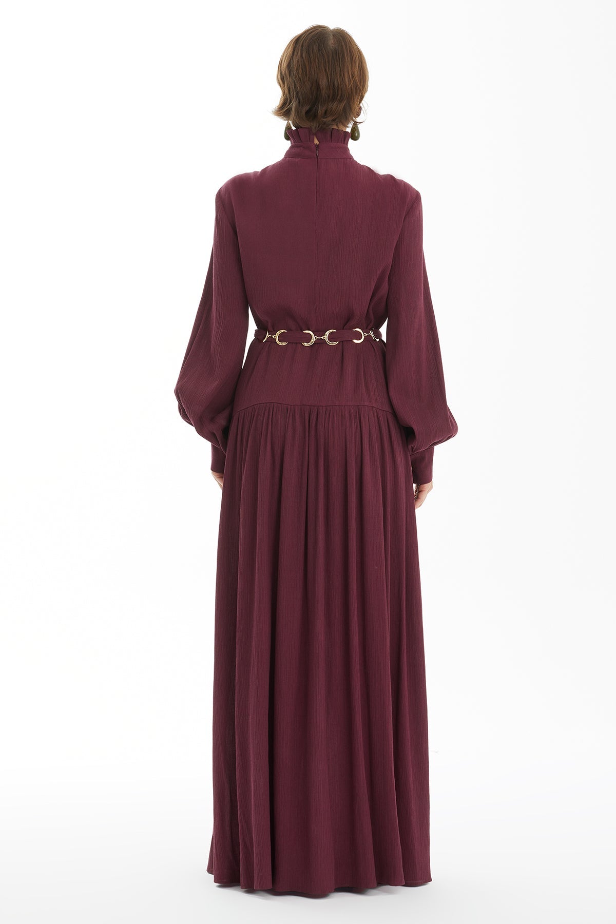Red Ruched Stand-Collar Maxi Dress