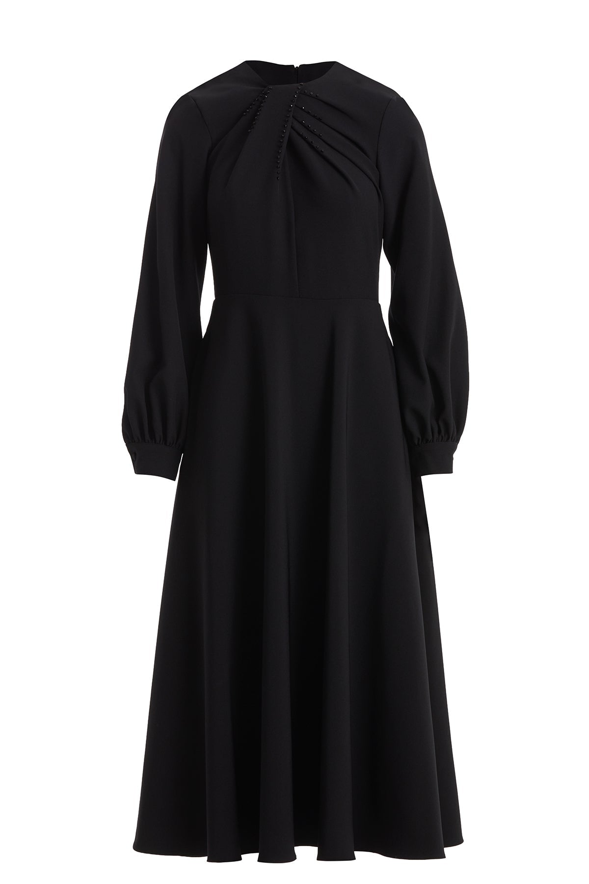 Black Embroidered-Collar Belted Midi Dress