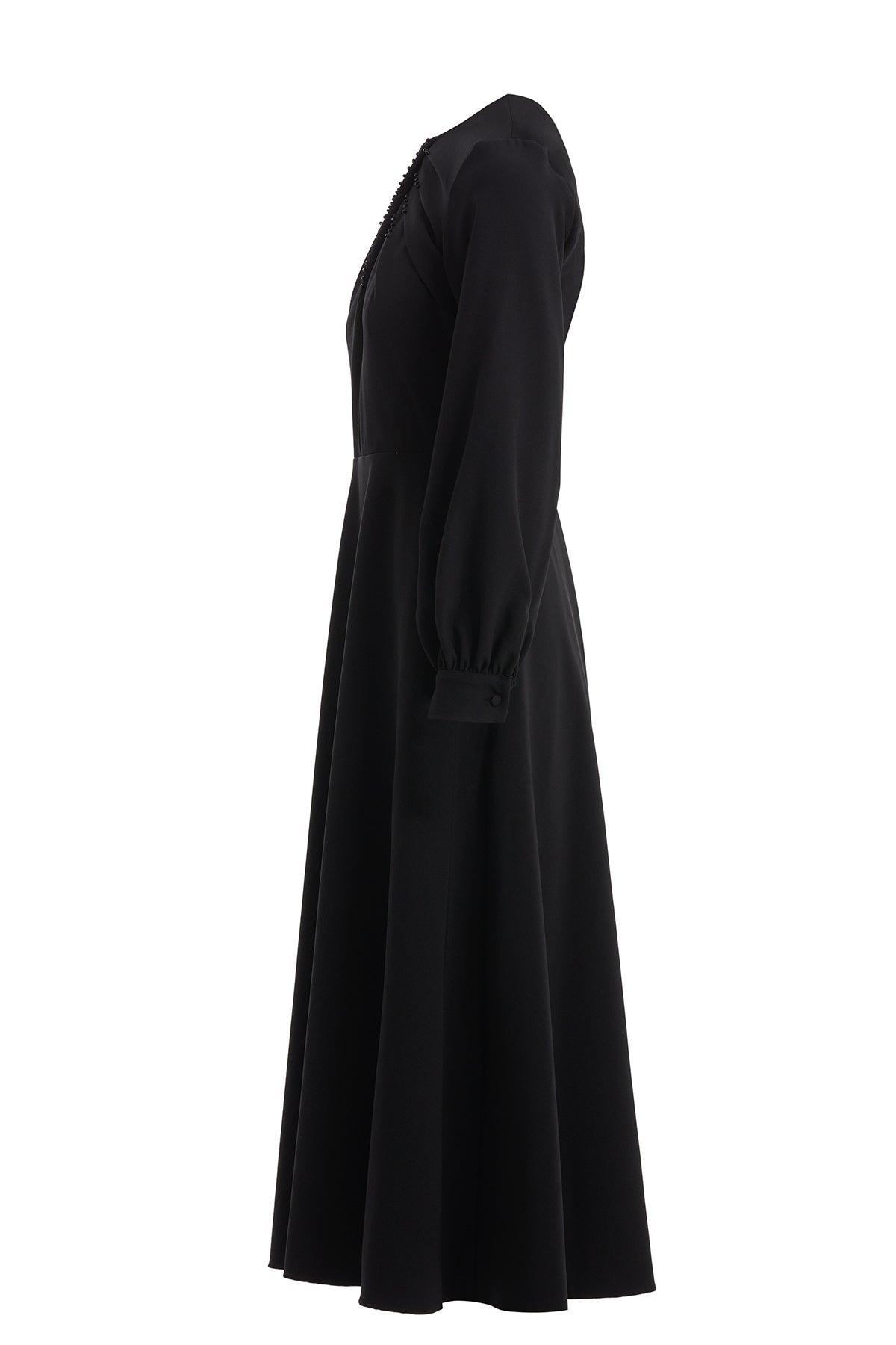 Black Embroidered-Collar Belted Midi Dress