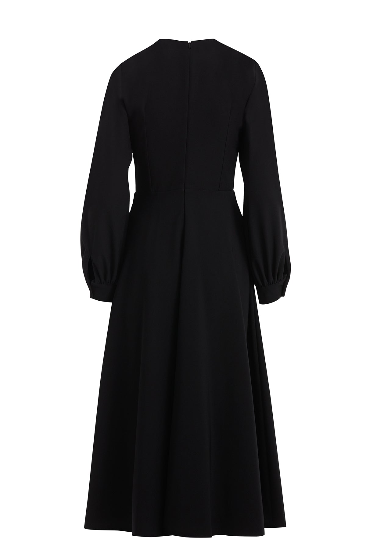 Black Embroidered-Collar Belted Midi Dress