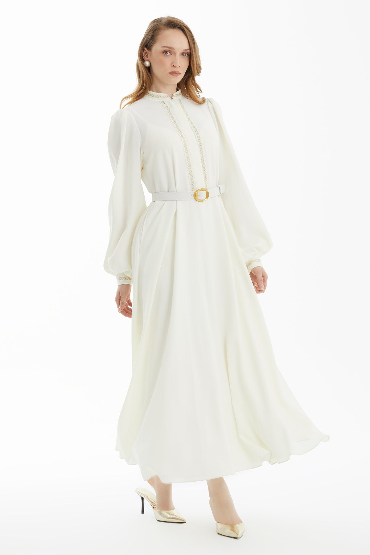Ecru Trim-Accessory Belted Ankle Dress