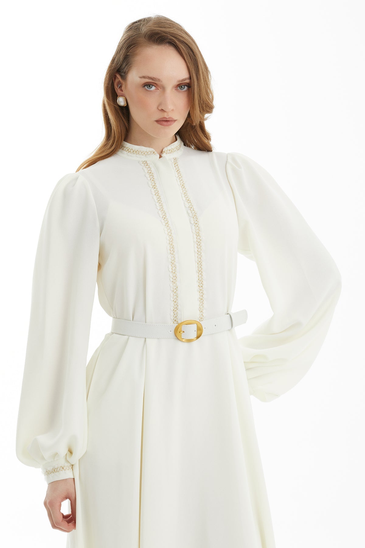 Ecru Trim-Accessory Belted Ankle Dress