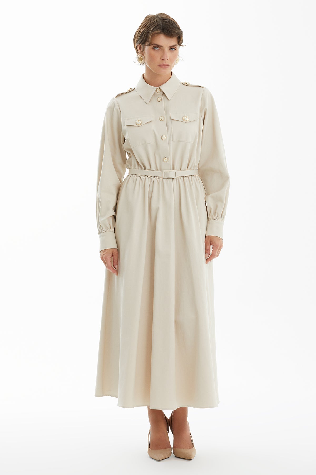 Ecru Belted Long Shirt Dress